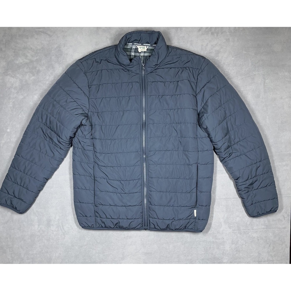 Voyager Puffer Jacket Navy Blue Plaid Fleece Lined Stand Up Collar Mens Large